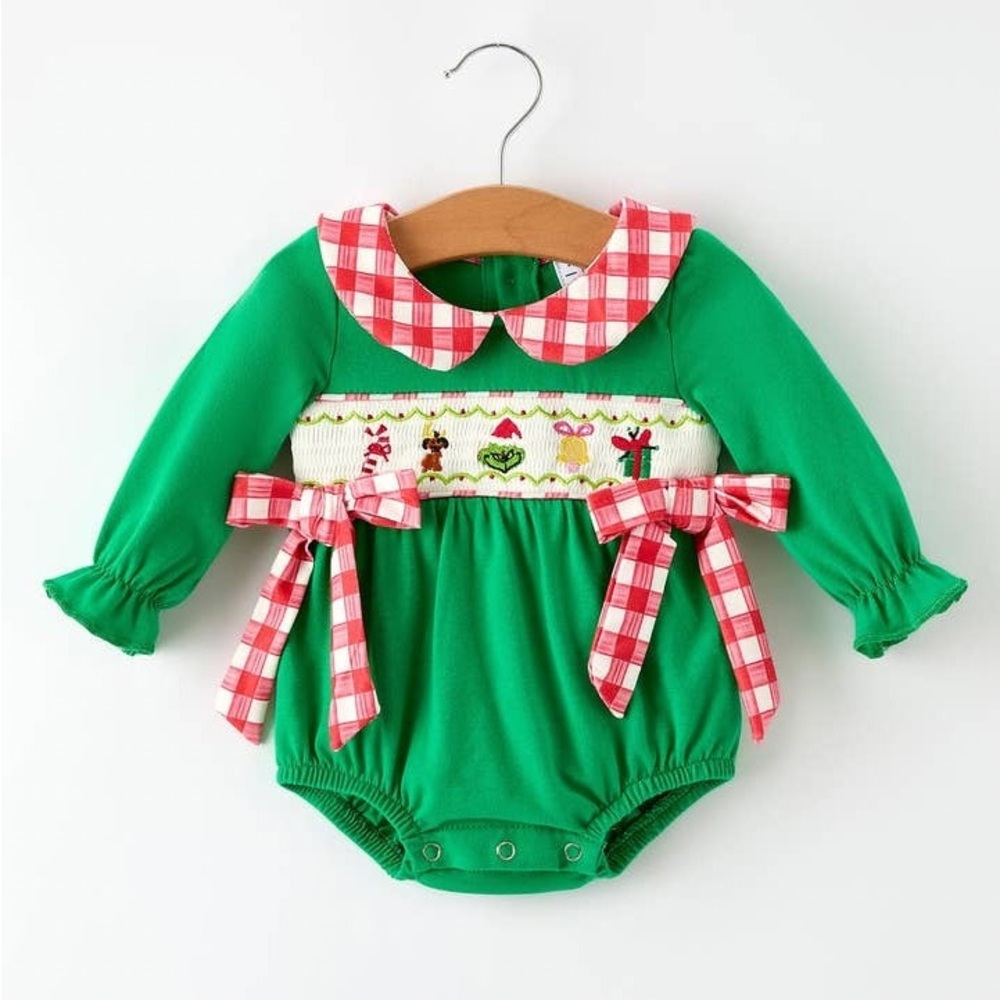 Green Baby Romper with Red Plaid Accents